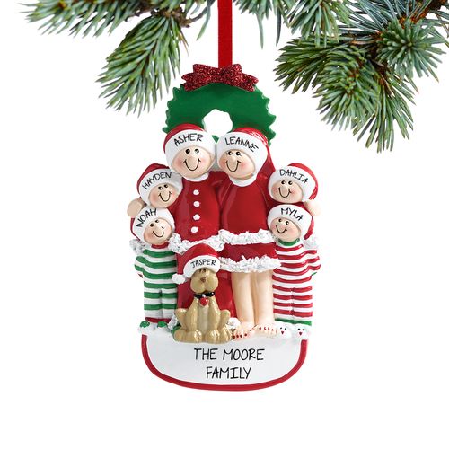 Personalized Christmas Eve Family of 6 with Dog Christmas Ornament