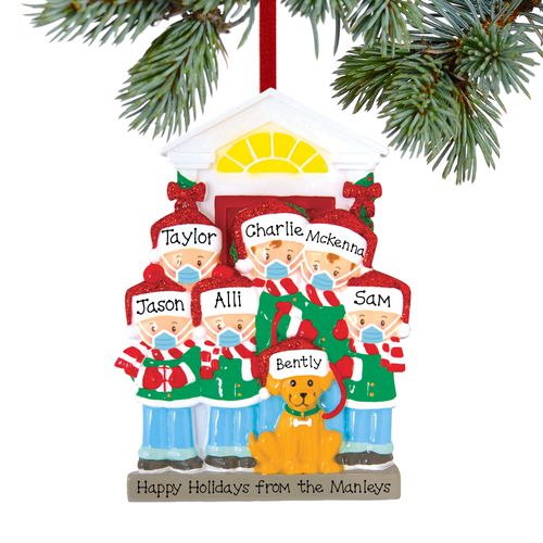 Personalized Social Distance Family of 6 with Dog Christmas Ornament