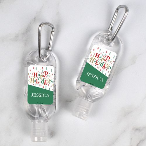 Personalized Hand Sanitizer with Carabiner 1 fl. oz bottle - Christmas Happy Holidays Trees