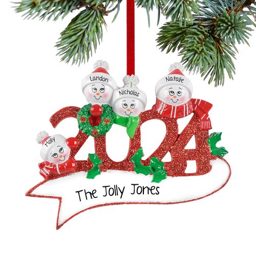 Personalized 2024 Snowman Family of 4 Christmas Ornament