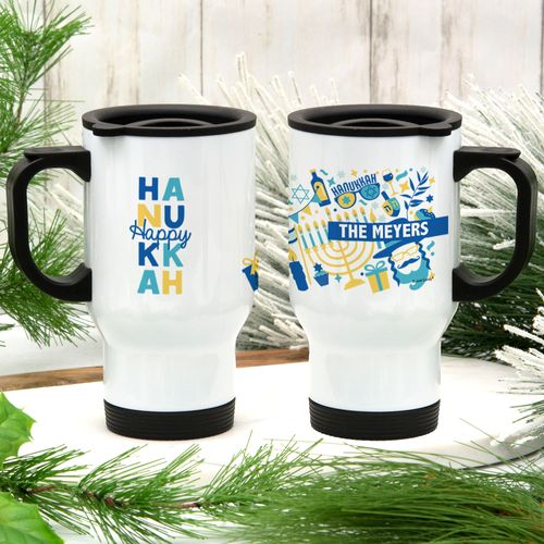 Personalized Happy Hanukkah Icons Stainless Steel Travel Mug (14oz)