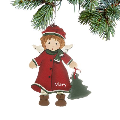 Personalized Toddler Angel in Red Coat and Hat Christmas Ornament