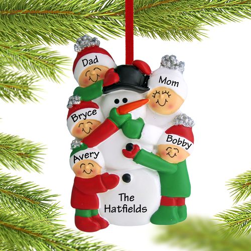 Personalized Building a Snowman Family of 5 Christmas Ornament
