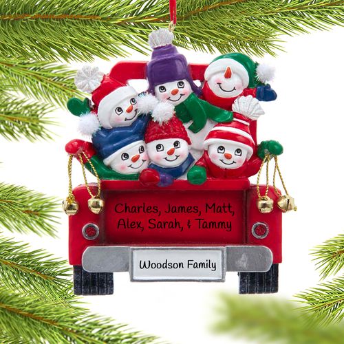 Personalized Snowman Family of 6 on Truck Christmas Ornament