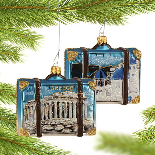 Personalized Greece Travel Suitcase Christmas Ornament