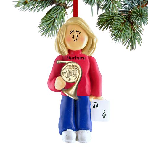 Personalized French Horn Player Female Christmas Ornament