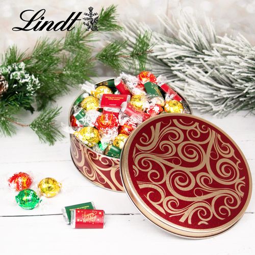Happy Holidays Hershey's Miniatures & Lindt Truffles Golden Swirls Christmas Tin - 1.8 lb