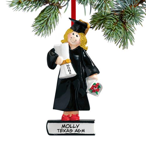 Personalized Graduate Girl on a Stack of Books Holding a Diploma Christmas Ornament