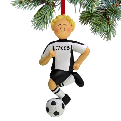 Personalized Soccer Boy Black Uniform Christmas Ornament