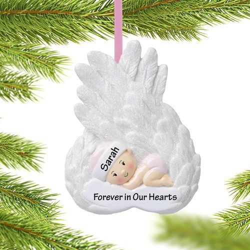 Personalized Baby Girl Memorial on Angel Wings Christmas Ornament