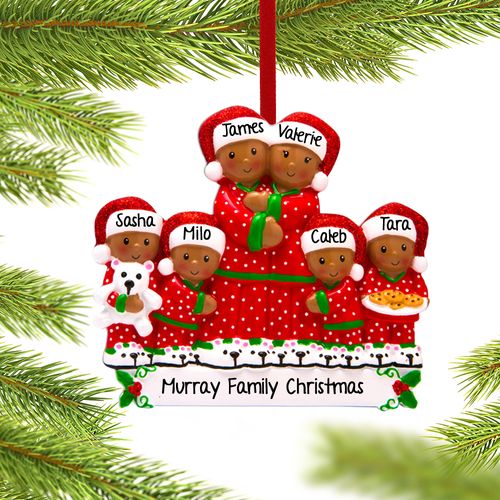 Personalized African American Pajama Family of 6 Christmas Ornament