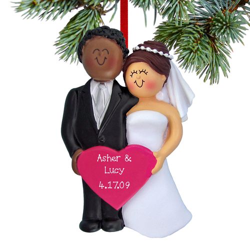 Personalized Bride and Groom Holding A Pink Heart Christmas Ornament