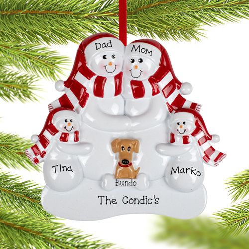 Personalized Snowman Family of 4 with 1 Brown Dog Christmas Ornament