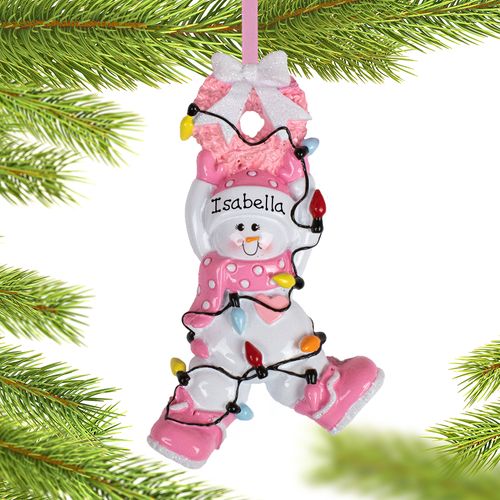 Personalized Baby Girl Snowman with Wreath Christmas Ornament