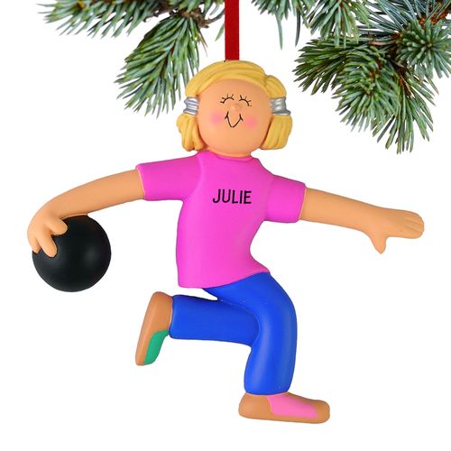 Personalized Bowler Female in a Pink Shirt Christmas Ornament