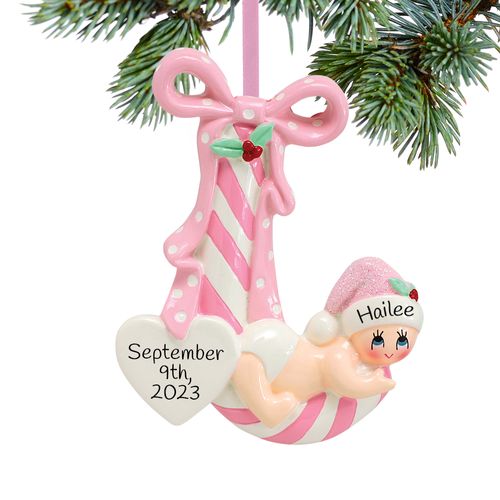 Personalized New Baby Striped Candy Cane (Pink) Christmas Ornament