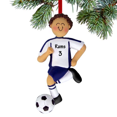 Personalized Soccer Boy Blue Uniform Christmas Ornament