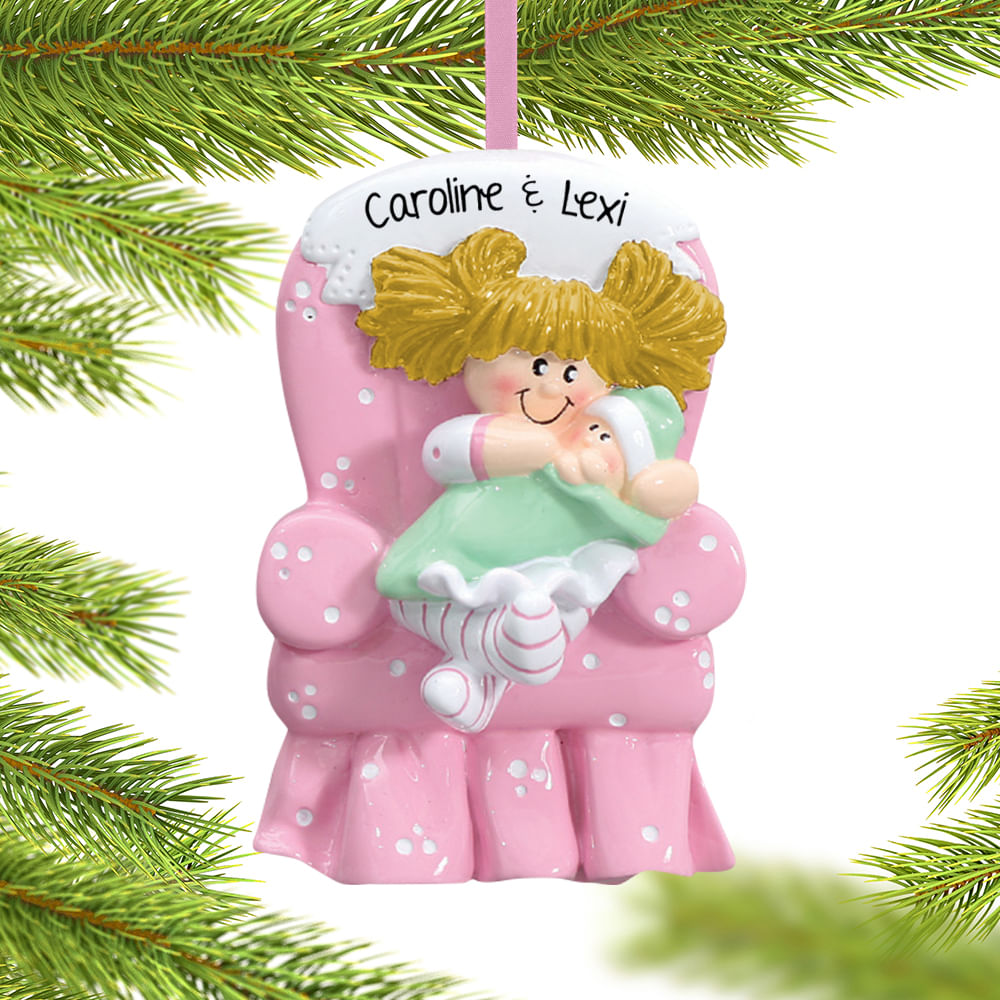 Personalized Big Sister with Baby in Pink Armchair Christmas Ornament - Personalized Christmas ...