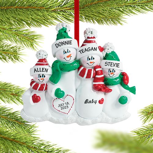 Personalized Pregnant Snowman Family of 4 Christmas Ornament