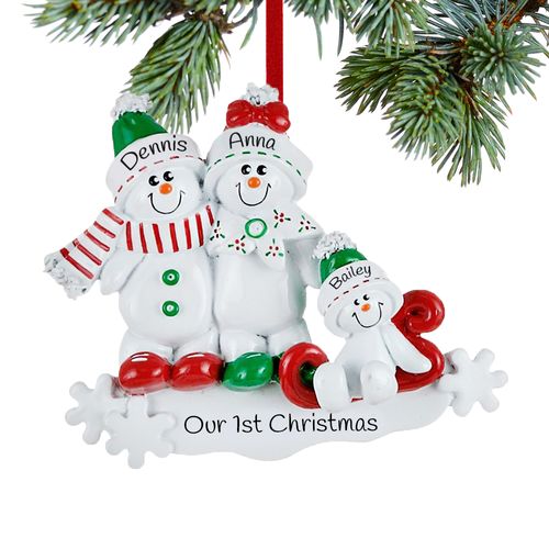 Personalized Snow Family Sled 3 Christmas Ornament