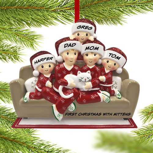 Personalized Couch Family of 5 with Cat Christmas Ornament