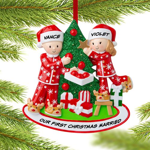 Personalized Couple Decorating the Tree Christmas Ornament
