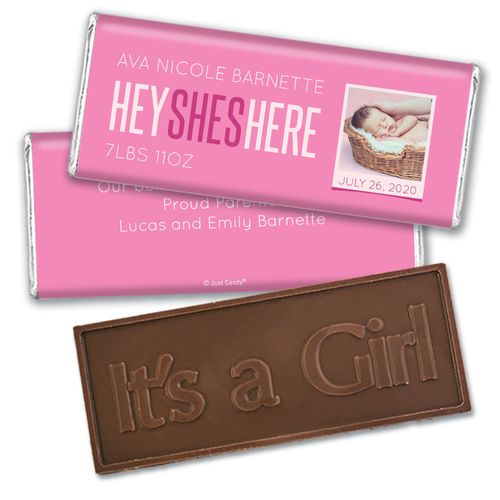 Personalized She's Here! Baby Girl Birth Announcement Party Hershey's Chocolate Bar & Wrapper