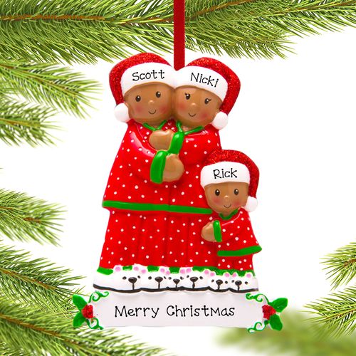 Personalized African American Pajama Family of 3 Christmas Ornament
