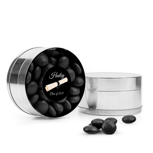 Personalized Black Graduation Favor Assembled Small Round Plastic Tin with Just Candy Milk Chocolate Minis