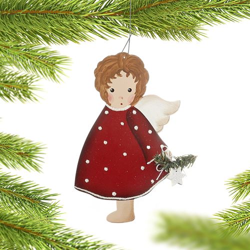 Red and White Polka Dot Dress Angel Holding a Star Christmas Ornament