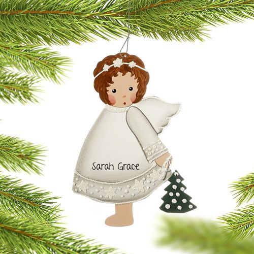 Personalized White Crystal Angel Holding a Fir Tree Christmas Ornament