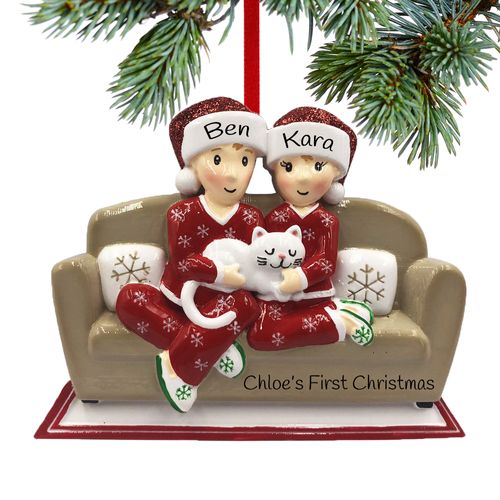 Personalized Couch Couple with Cat Christmas Ornament