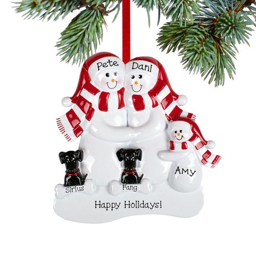 Personalized Snowman Family of 3 with 2 Black Dogs Christmas Ornament