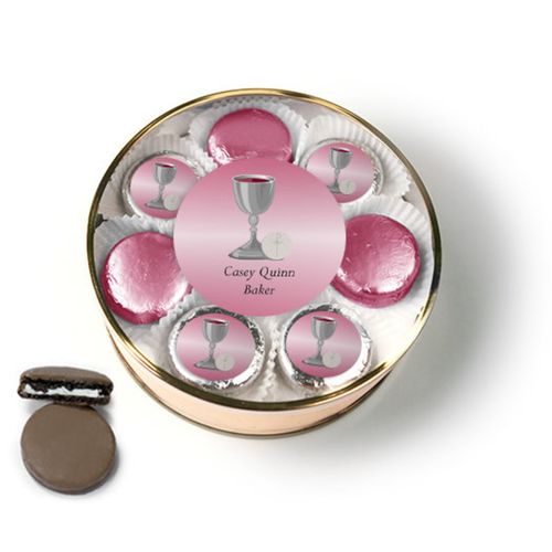 Personalized First Communion Pink Host & Silver Chalice Chocolate Covered Oreo Cookies Extra-Large Plastic Tin