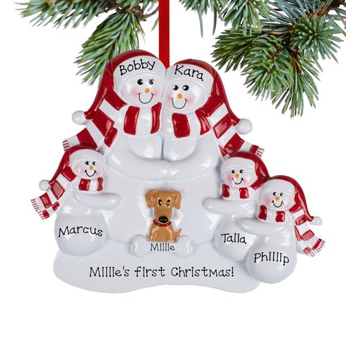 Personalized Snowman Family of 5 with 1 Brown Dog Christmas Ornament