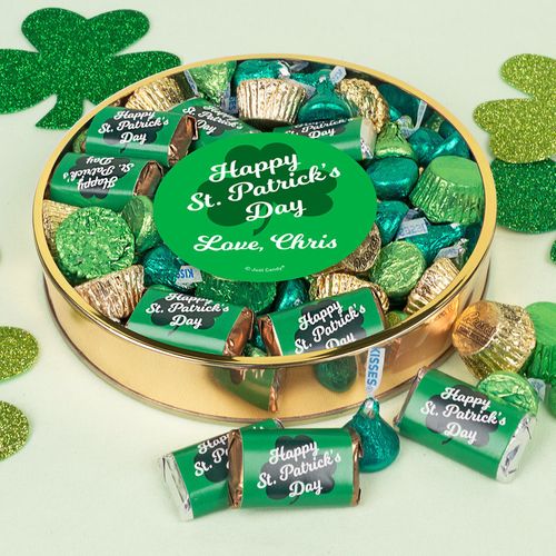 Personalized St. Patrick's Day Clover Large Plastic Tin with Hershey's Chocolate Mix