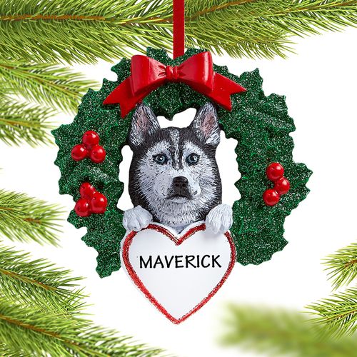 Personalized Siberian Husky Dog with Wreath Christmas Ornament