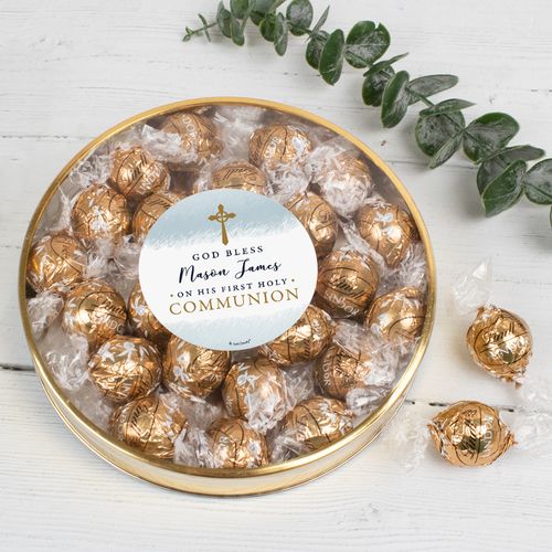 Personalized Communion Gifts Large Plastic Tin with Lindt Truffles (20pcs) - Watercolor God Bless