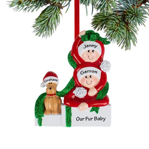 Personalized Present Couple With Dog Christmas Ornament