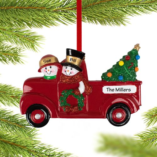 Personalized Vintage Red Truck Snowman Couple Christmas Ornament
