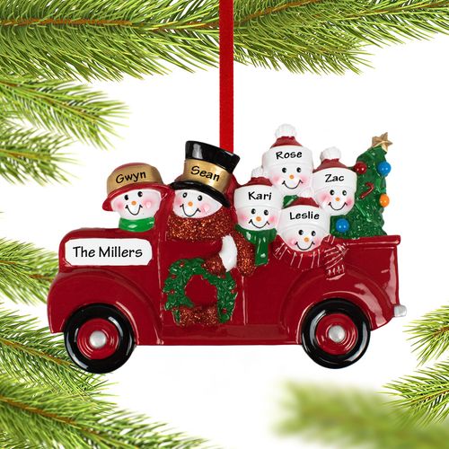 Personalized Vintage Red Truck Snowman Family Of 6 Christmas Ornament