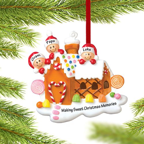 Gingerbread House Family of 3 Grandparents Christmas Ornament