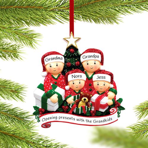 Opening Presents Family of 4 Grandparents Christmas Ornament