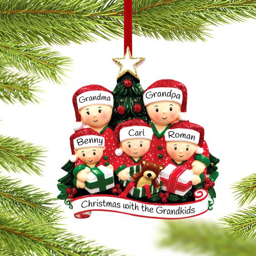 Opening Presents Family of 5 Grandparents Christmas Ornament