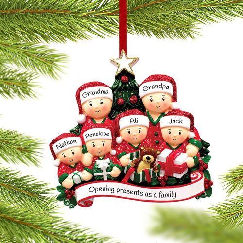 Opening Presents Family of 6 Grandparents Christmas Ornament