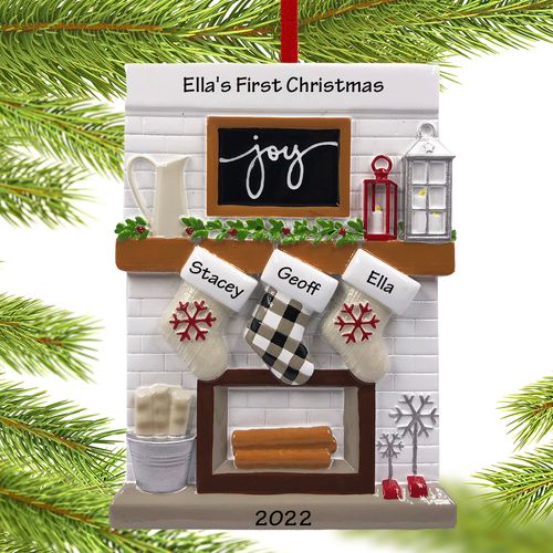 Personalized Fireplace Mantel Family of 3 Christmas Ornament