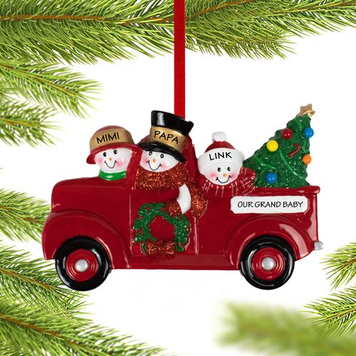 Vintage Red Truck Snowman Family Of 3 Grandparents Christmas Ornament