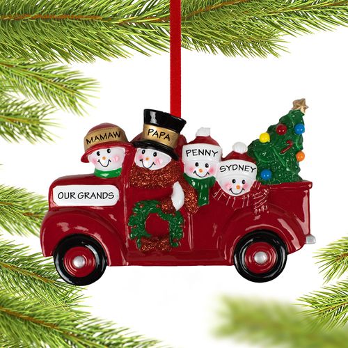 Vintage Red Truck Snowman Family Of 4 Grandparents Christmas Ornament