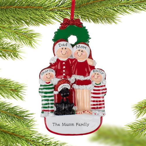 Personalized Christmas Eve Family Of 4 With Black Dog Christmas Ornament