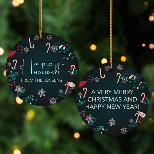 Personalized Happy Holidays Candy Cane Christmas Ornament